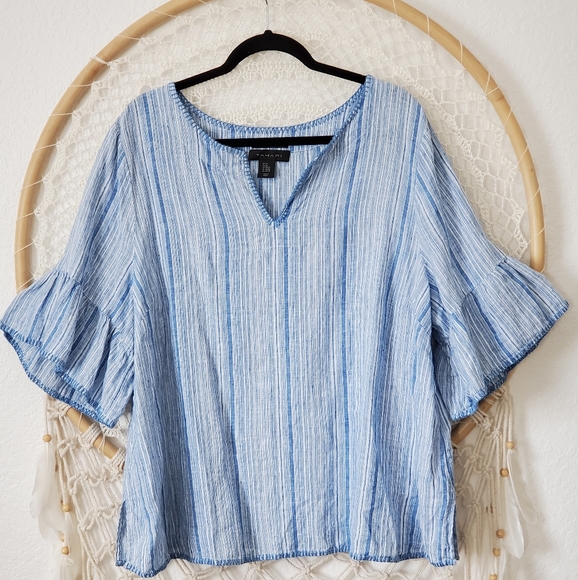 Tahari 100% Linen Lagenlook Ruffle Sleeve Top - Picture 1 of 7